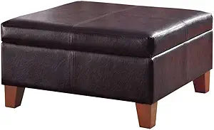 HomePop Faux Leather Square Storage Ottoman with Wood Legs, Distressed Brown