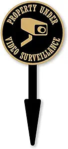 SmartSign Property Under Video Surveillance Yard Sign for Lawn/Outdoor - Single-Sided, 17 x 7.5 inch, 375 mil Thick Rustproof Cast Aluminum Metal Plaque, Black and Gold