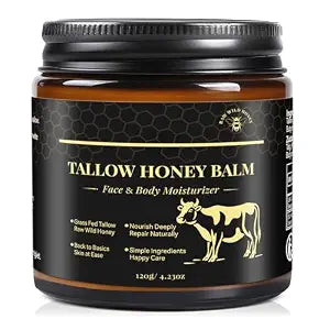 KINGMING Grass-Fed Beef Tallow Balm for Skin with Raw Honey, 4.23 Oz