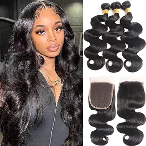 Bundles with Closure Human Hair Body Wave 12 14 16+10 Inch Natural Black