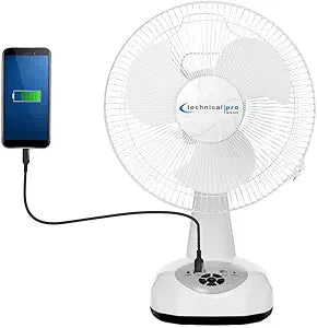 Technical Pro 12Γ│ Rechargeable Oscillating Tabletop Fan with LED Night Light & Powerbank Γ Portable Battery Operated Cooling Fan for Camping, Bedroom, Desk, Travel, Emergency & Outdoor Use