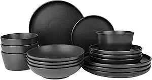 16 Pieces Ceramic Dinnerware set,Plates and Bowls Sets for 4,Black Dinnerware Set for Kitchen, Modern Design Plate Sets with Black Rim, Microwave and Dishwasher Safe