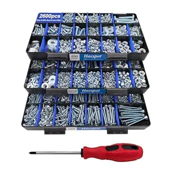 2600 Piece Bolt and Nut Hardware Assortment Kit with Diverse Bolts, Screws, Washers & NutsDIY-Friendly, 3-Tier Storage for Home Projects