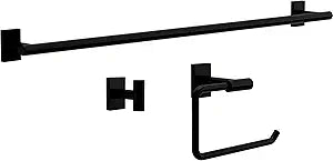 Franklin Brass Hartwell 3-Piece Bathroom Set Matte Black 18" + 6" Towel Rack, Toilet Paper Holder/Hand Towel Holder, Hook | 3-Piece Bath Hardware Accessories Set HRT63-MB