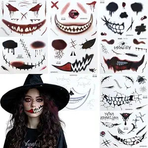 9 Sheets Halloween Scary Face Tattoos Stickers Fake Scars Stitches Bloody Mouth Prank Zombie Clown Makeup Temporary Tattoo Decals for Women Men Halloween Cosplay Party