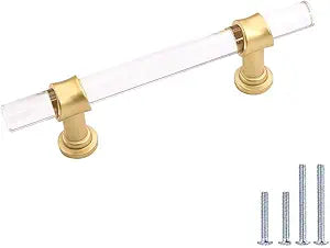 Peaha 10 Pack 5 Inch Acrylic Cabinet Pulls Gold Drawer Handles Brushed Brass Hardware Zinc Alloy for Dresser Cupboard Kitchen