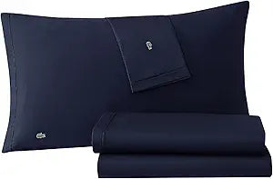 Lacoste 100% Cotton Percale 4-Piece Sheet Set Crisp Cool Breathable All-Season Bedding, Oeko-Tex Certified, Soft Matte Finish, Durable Premium Cotton Solid, Navy, Queen