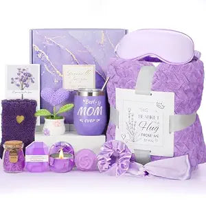 Gift for Mom, Mothers Day Gifts for Mom from Daughter or Son, Lavender Relaxing Spa Gift Baskets with Flannel Blanket, Thoughtful Self Care Gifts for Mothers Day, Christmas, Valentines Day