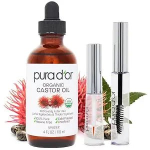 PURA D'OR ORGANIC Castor Oil (2 BONUS Applicator Brushes) Cold-Pressed, 4oz