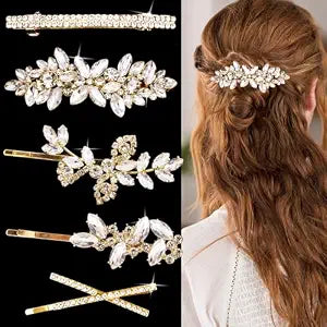 5 PCS Rhinestone Hair Clips Elegant Gold Wedding Hair Pins Crystal Barrette Leaf Flower Bobby Pins Sparkly Fancy Hair Accessories for Women Prom Brides Bridesmaids(Gold)