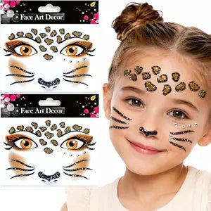 Leopard Face Tattoo Stickers with Glitter Face Jewels, 2Pcs Cute Leopard Self-adhesive Temporary Tattoo for Adult Kids Animal Makeup, Halloween, Cosplay Party Decoration Supplies