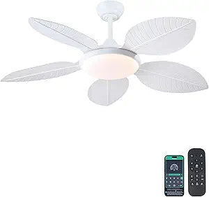 Wiviniya 48 Inch Tropical Ceiling Fans with Lights, Palm Leaf Outdoor Ceiling Fan with Light for Patios Porch Bedroom Living Room, Remote/APP Control, Reversible Quiet DC Motor, Dimmable LED, White