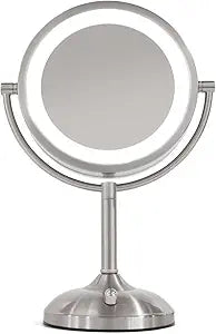JERDON Lighted Tabletop Mirror with 10X/1X Magnification - LED Lighted Makeup Mirror with Multiple Light Settings in Nickel Finish - 8.5-Inch Diameter Vanity Mirror - Model JS8510BN