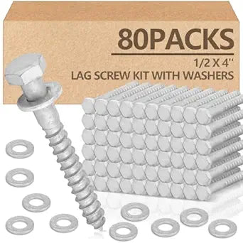 Tandefio 80 Pack 1/2 x 4'' Lag Bolts Screw Kit with Washers Hot Dip Galvanized Hex Lag Bolts Heavy Duty Wood Screws for Wood Decks Fences