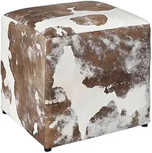 Natural Cowhide Ottoman Stylish and Durable Vintage Leather Vanity Stool Seat 16" x 16", Modern Design for Living Room, Office, or Bedroom (Dark Beige and White)