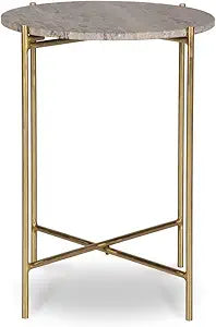 Norvik Accent Table | Iron Gold Frame and Travertine Stone Top (16 in. W x 22 in. H x 16 in. D)