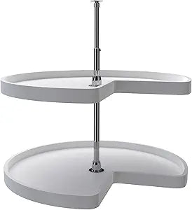 Rev-A-Shelf 32" Kidney Shaped Dual Tier Lazy Susan Organizer for Corner Base Kitchen Cabinets, Plastic Home Storage Shelves, 32" W x 22.43" D x 26" H, White, 6472-32-11-52