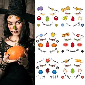 6 Sheets Scarecrow Face Temporary Tattoo Stickers Scarecrow Makeup Face Decal Sticker for Fall Halloween Costume Party Festival Makeup Accessories