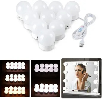USB Powered Vanity Mirror Lights 10 Dimmable LED Bulbs 3 Color Changing Brightness Adjustable Makeup Lighting Strip for Dressing Bathroom Vanity Mirror