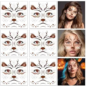 HOWAF 6 Sheets Halloween Deer Full Face Tattoos, Reindeer Face Stickers for Adults Man or Women Halloween Deer Costume Accessories, Elk Face Decals Fawn Horn Temporary Tattoos