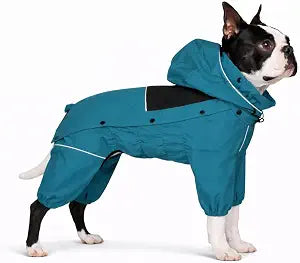 LOVELONGLONG Waterproof Dog Raincoat with Removable Hood Outdoor Full Body Dog Jacket, Windproof Snowproof Shell Suit All Season Pet Rain Gear Ocean Teal L
