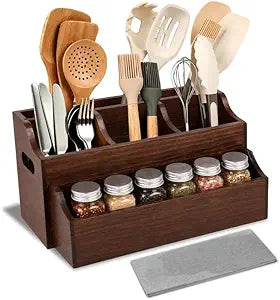 Wooden Kitchen Utensil Holder for Countertop, Large Utensil Organizer with Removeable Dividers, Wall Mount Kitchen Organizer for Cooking Tools & Silverware, with Spoon Rest and Diatomite Base