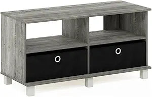 Furinno Andrey Entertainment Center with Bin Drawers, French Oak Grey/Black