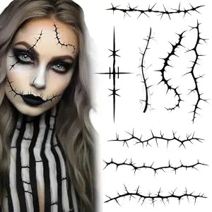 Halloween Black Stitch Scar Face Temporary Tattoos Stickers Fake Bloody Scar Stitches Face Body Waterproof Zombie Tattoos Sticker for Halloween Cosplay Masquerade Prank Party Makeup Props 8 Sheets