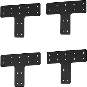 T Post Bracket 4pcs,12x8 Inch Mending Plate Flat Straight Steel T Shape Bracket,Black Powder Coated Post to Beam Connectors for Repair Wooden House,Furniture,Pergola,Truss framing