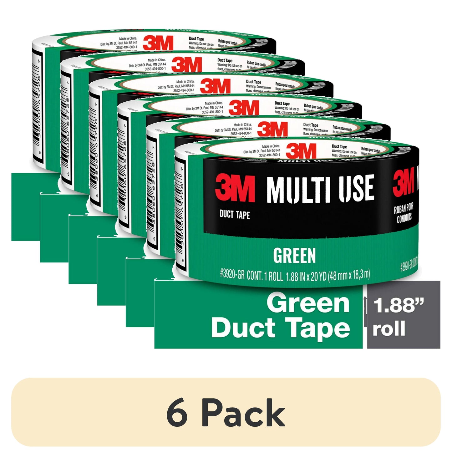 (6 pack) 3M Duct Tape, Green, Multi Use, 1.88 in x 20 yd, 1 Roll