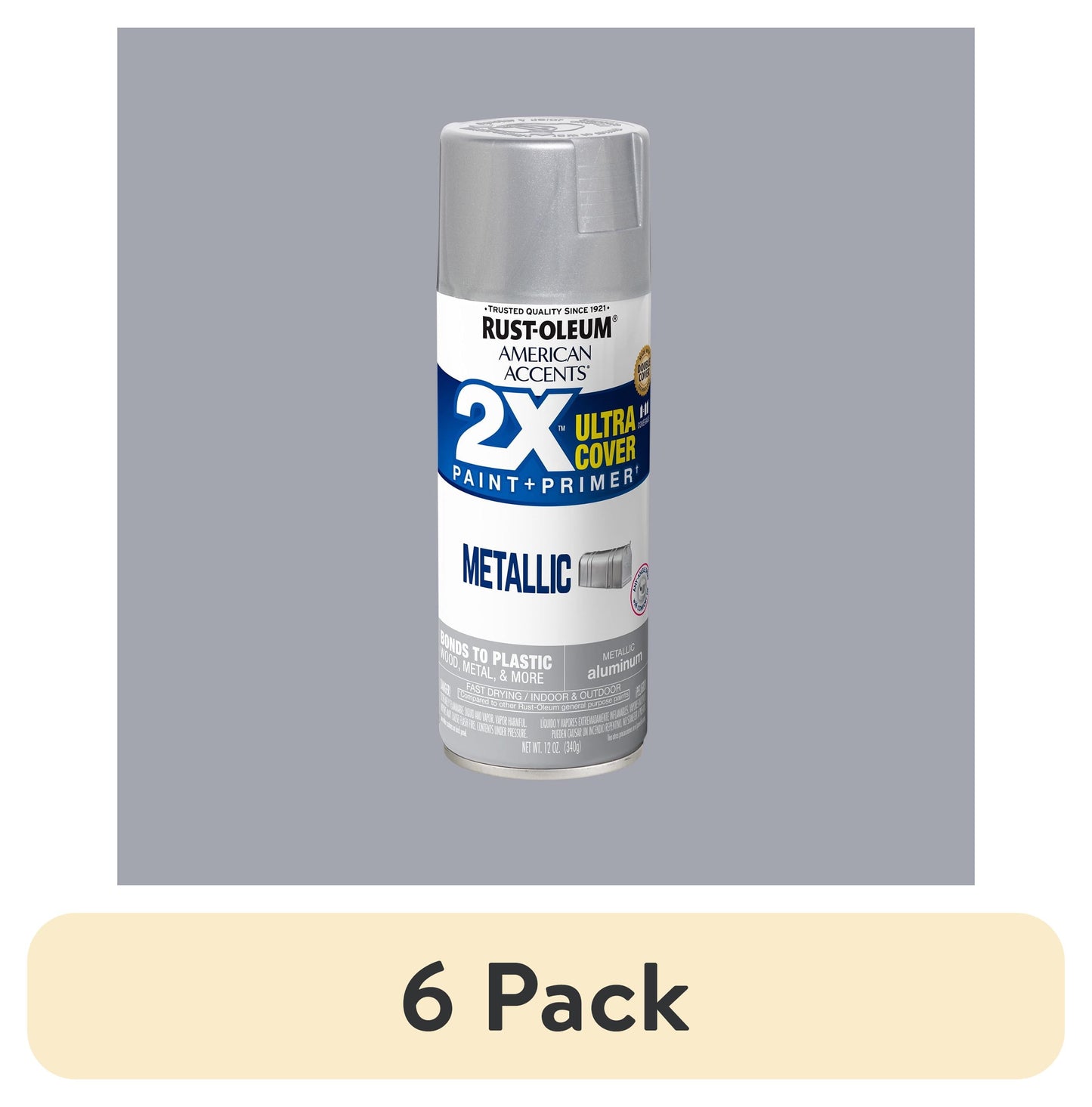 (6 pack) Aluminum, Rust-Oleum American Accents 2X Ultra Cover Metallic Spray Paint-327907, 12 oz