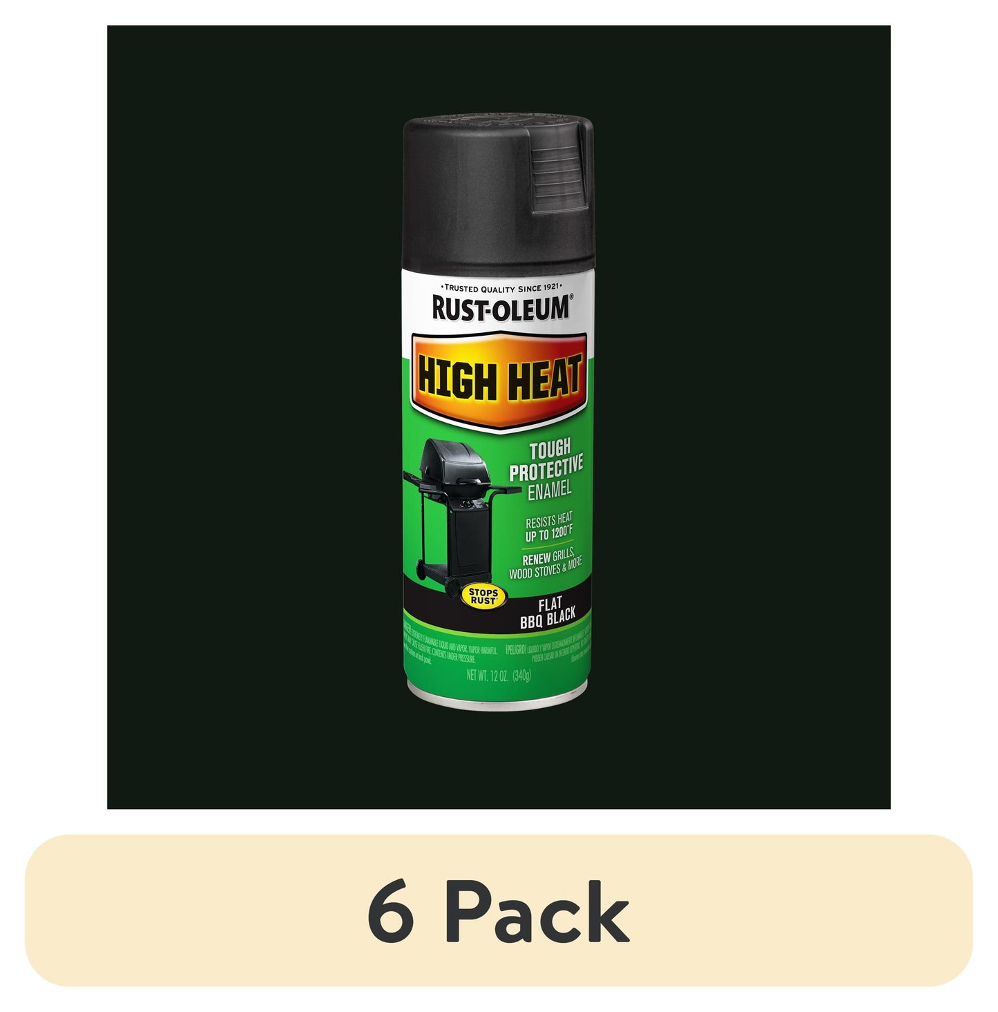 (6 pack) Bar-B-Que Black, Rust-Oleum High Heat Flat Spray Paint-7778830, 12 oz