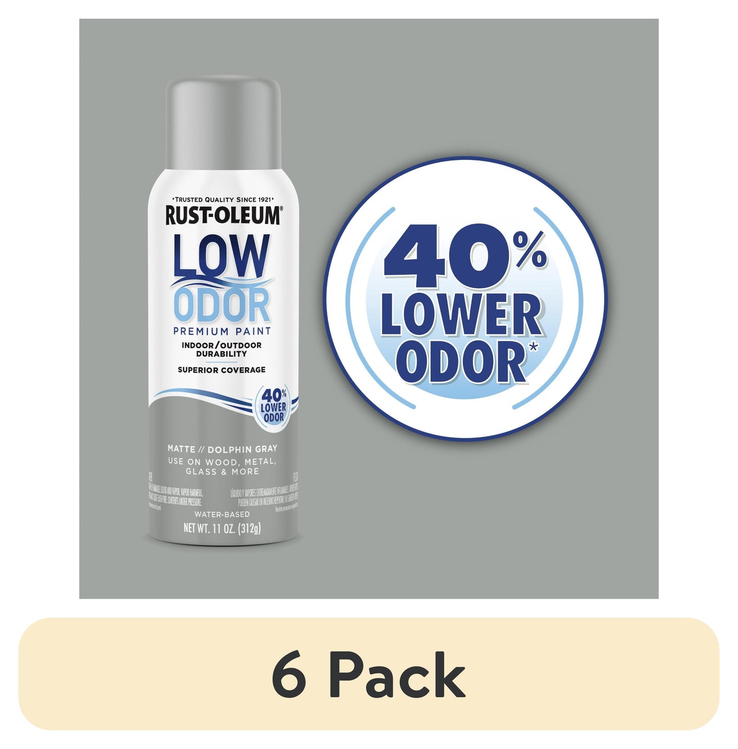 (6 pack) Dolphin Gray, Rust-Oleum Low Odor Premium Matte Spray Paint- 11 oz
