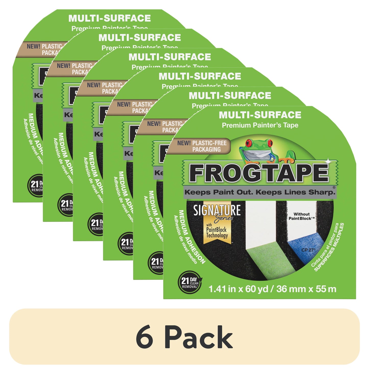 (6 pack) FrogTape Multi-Surface Painter's Tape - Green, 1.41 in. x 60 yd.