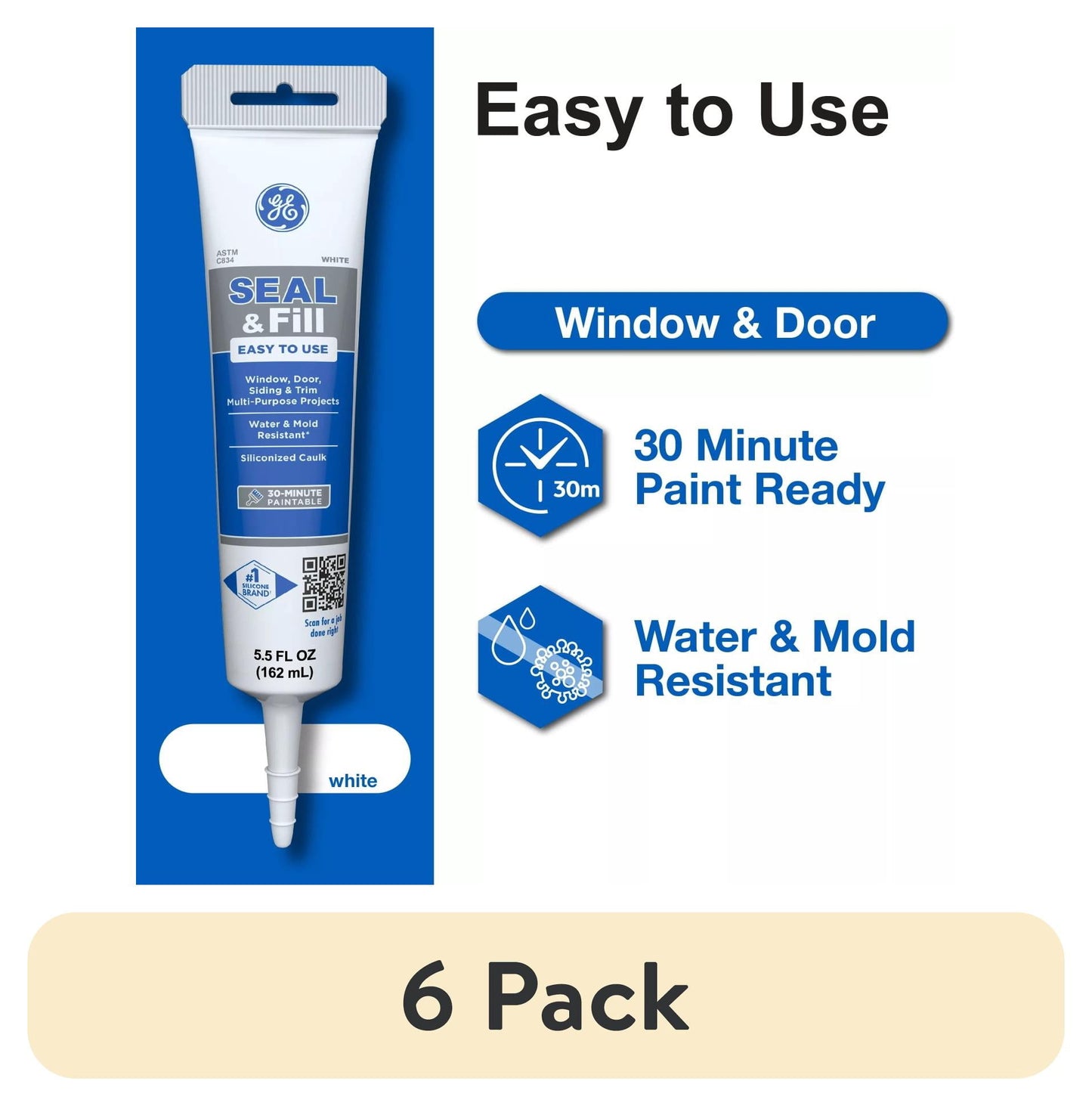 GE Seal And Fill Multipurpose Window & Door, Pack of 1, White 5.5 fl oz Tube