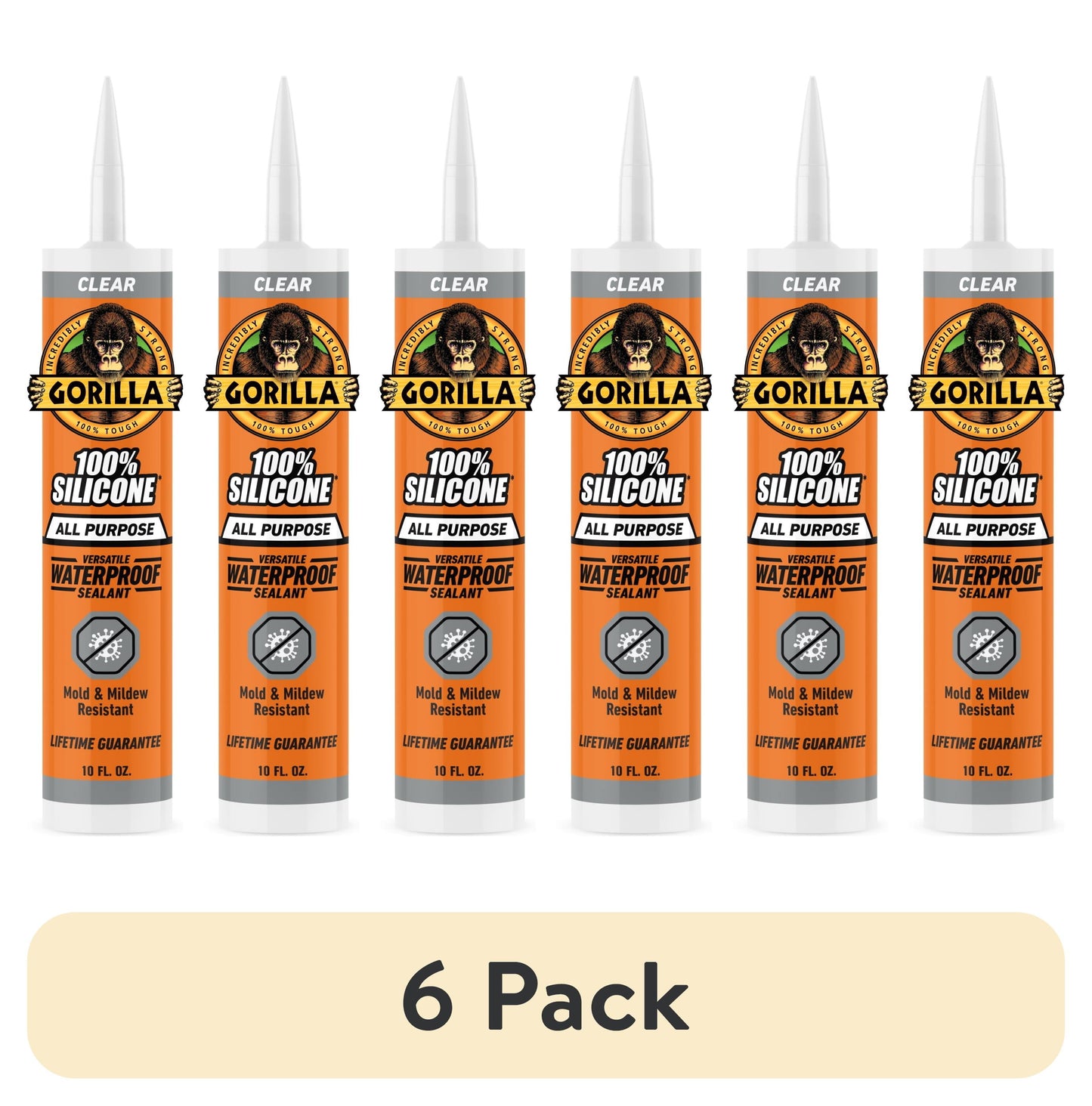 (6 pack) Gorilla Waterproof Caulk & Seal Silicone Sealant, 10oz Cartridge - Clear Caulking Sealant for Kitchen, Window, Bath, Marine, Door and More
