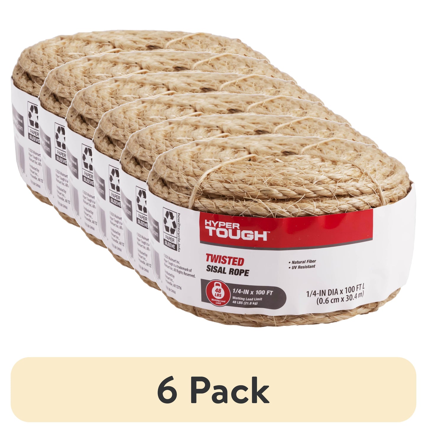 (6 pack) Hyper Tough Item# 8010L-HT, Sisal Twisted Rope, Natural Color, 1/4" x 100', 1 Each