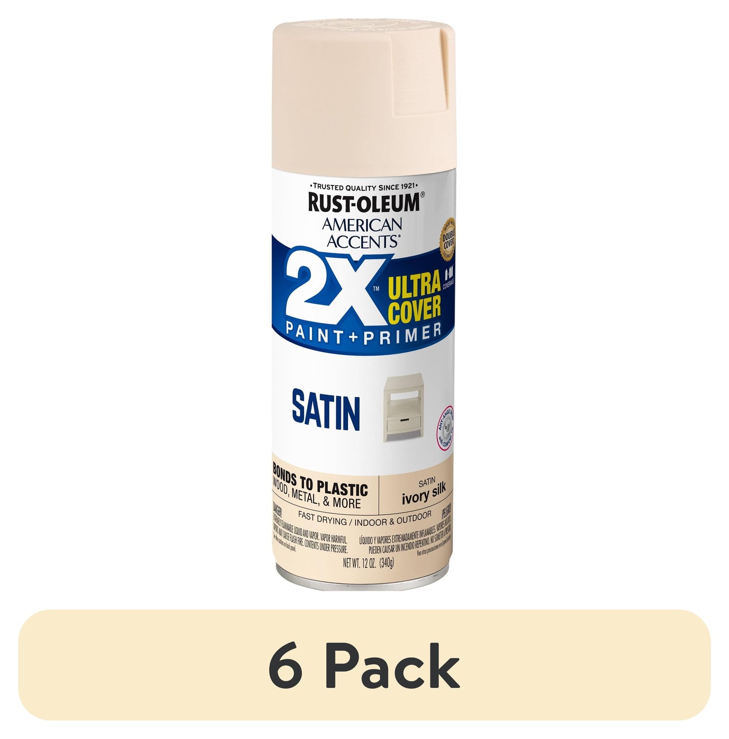 (6 pack) Ivory, Rust-Oleum American Accents 2X Ultra Cover Satin Spray Paint-327944, 12 oz