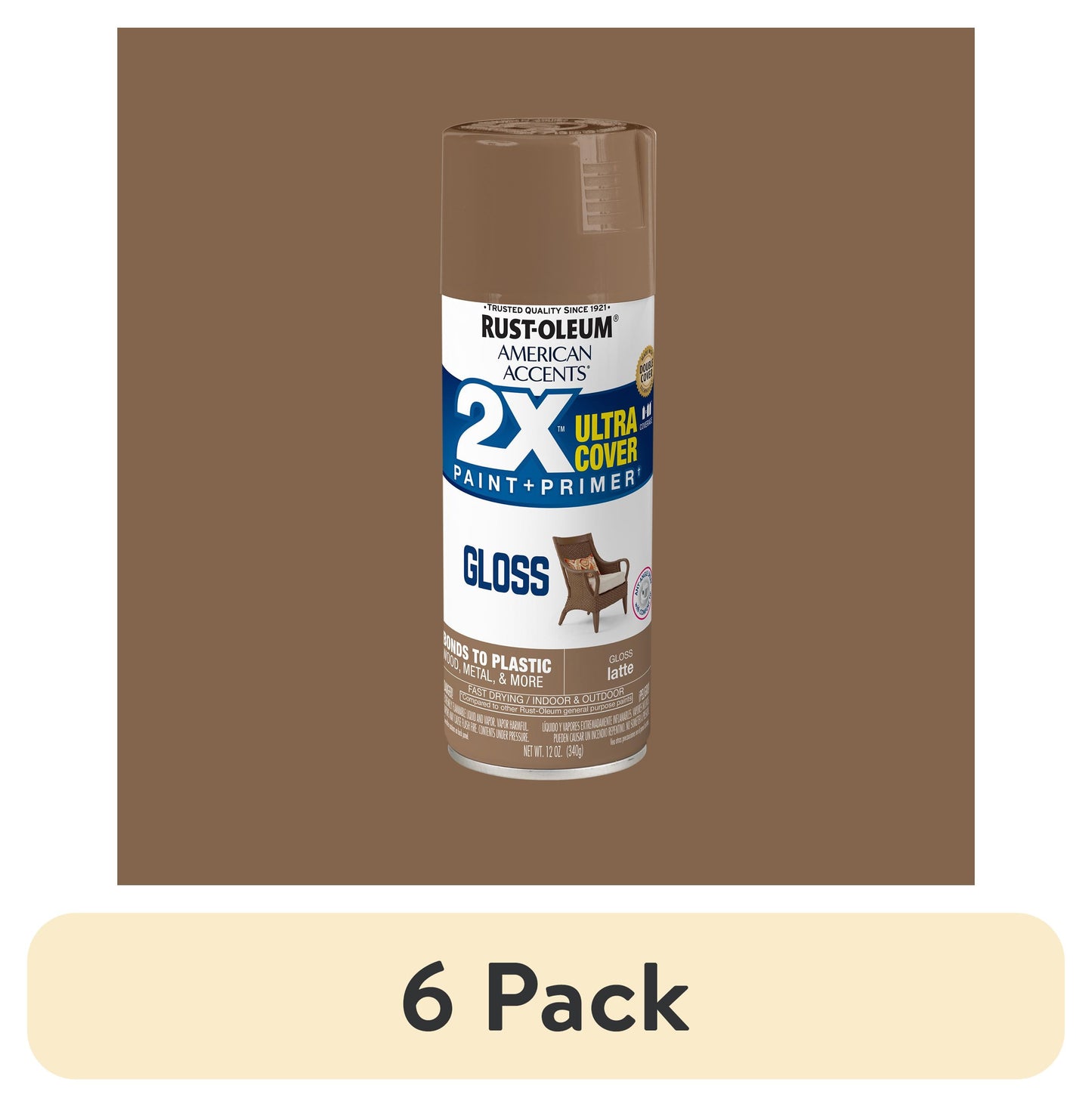 (6 pack) Latte, Rust-Oleum American Accents 2X Ultra Cover Pintura en Aerosol Brillante-383198, 12 oz
