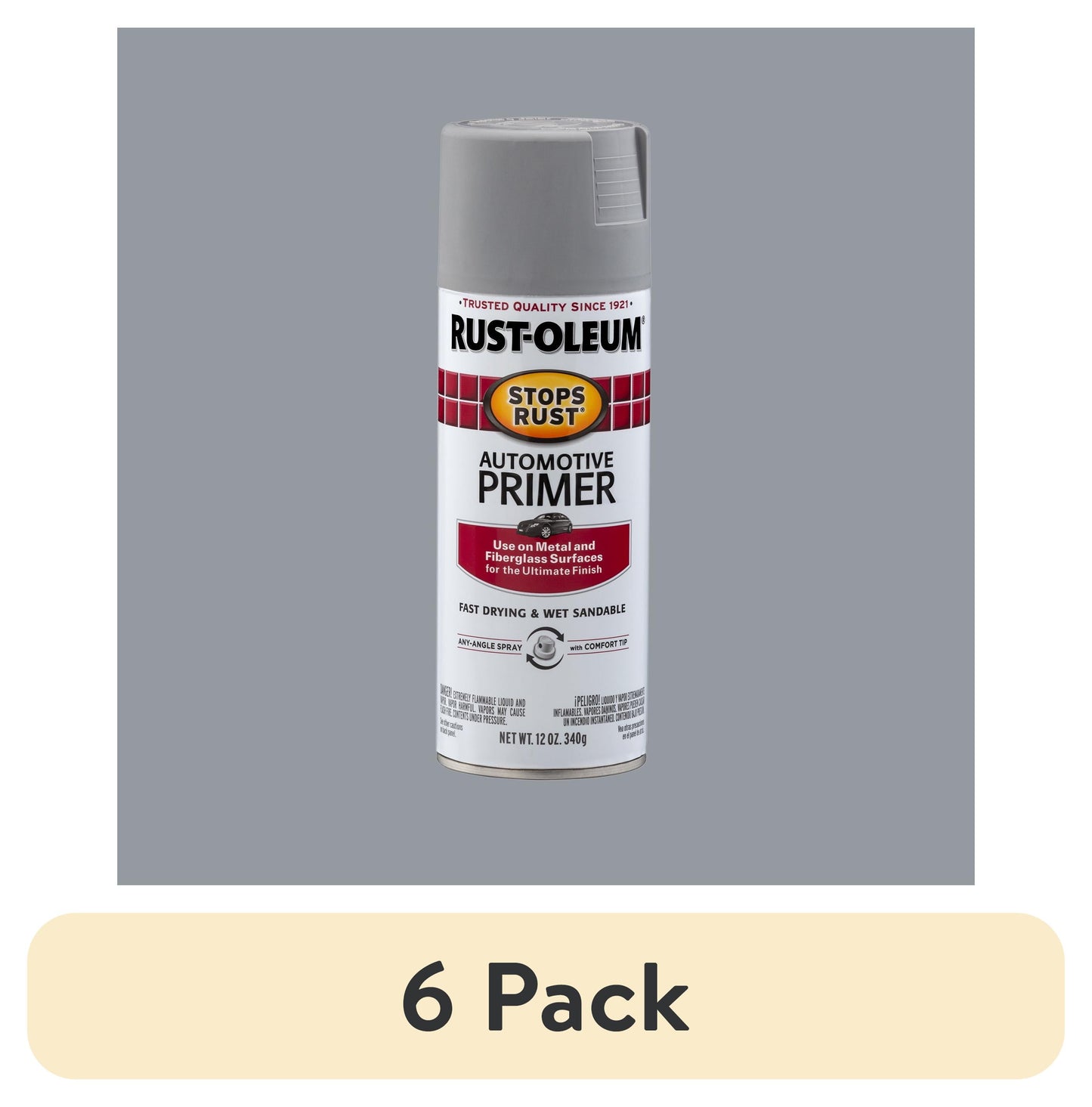 (6 pack) Light Gray, Rust-Oleum Stops Rust Automotive Primer Flat Spray Paint-2081830, 12 oz