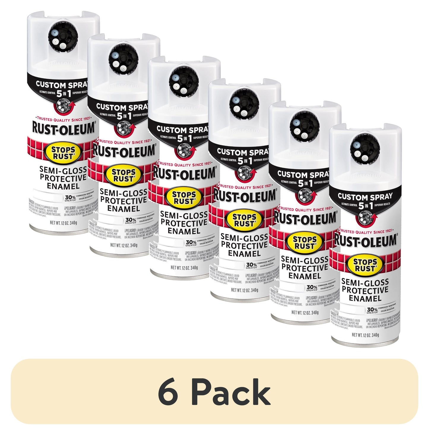 (6 pack) White, Rust-Oleum Stops Rust Custom Sprays 5 in 1 Semi-Gloss Spray Paint-376910, 12 oz