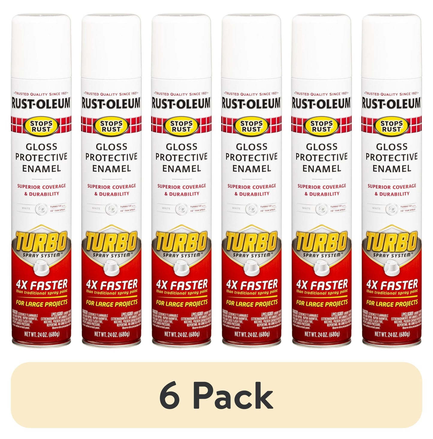 (6 pack) White, Rust-Oleum Stops Rust Turbo Gloss Protective Enamel Spray Paint-334133, 24 oz