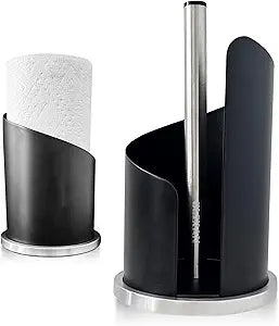 Stainless Steel Paper Towel Holder Countertop, Modern Spiral Cover Design, Weighted Base for Stability, Freestanding Easy One-Handed Operation for Kitchen & Bathroom (Black, Spiral)