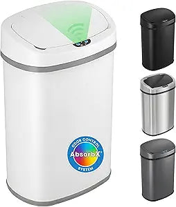 iTouchless 13 Gallon Oval Motion Sensor Garbage Container with Odor Filter, 50L Touchless Stainless Steel Kitchen Bin, Smart Automatic Lid, Fingerprint-Proof, Soft-Close, Brilliant White