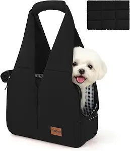 Dog Purse Carrier for Small Dogs and Cats, Soft-Sided Pet Tote Bag with 6 Large Pockets, Collapsible Travel Puppy Carrier with Small Cushion, Fits Pets up to 6 lbs (Black, 13.6" L x 6.6" W x 10" H)