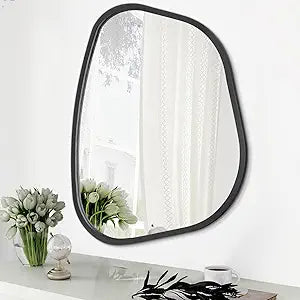 Black Asymmetrical Wall Mirror Large 20"x16" Irregular Oval Mirror Modern Wood Frame Unique Shape Wall Mounted Vanity Artistic Mirrors Decorative for Living Room Bedroom Bathroom Hallway