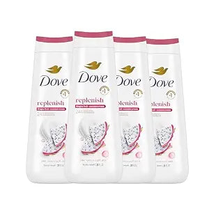 Dove Body Wash 4 Count for 24hr Lotion-Soft Skin Replenish Dragon Fruit and Coconut Cream Moisturizing Skin Cleanser with No Sulfates No Parabens