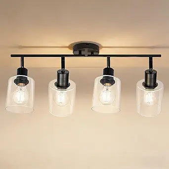 HiBay 4-Light Black Track Lighting Fixture, Ceiling Wall Mount Rotatable Spotlight with Glass Shades, Modern Farmhouse Industrial Track Lights for Kitchen, Dining Room, Bathroom, E26 Base