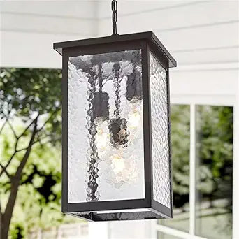 17'' Large Outdoor Indoor Pendant Light 3-Lights, Modern Oil Rubbed Bronze Exterior Hanging Porch Pendant Light with Hammer Glass, Outdoor Ceiling Lights for Front Entryway Gazebo Patio