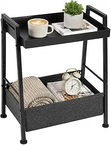 Small End Table with Fabric Storage Basket, 2-Tier Metal Side Table with Tray Top, Compact Nightstand Bedside Table for Living Room, Bedroom,Small Spaces and Balcony, Black